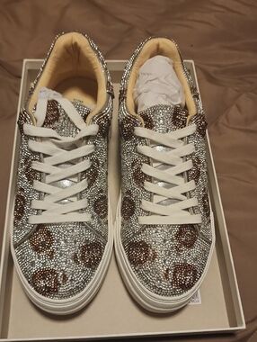 Betsey Johnson Silver Crystal Leopard Sneakers with Brown Spots